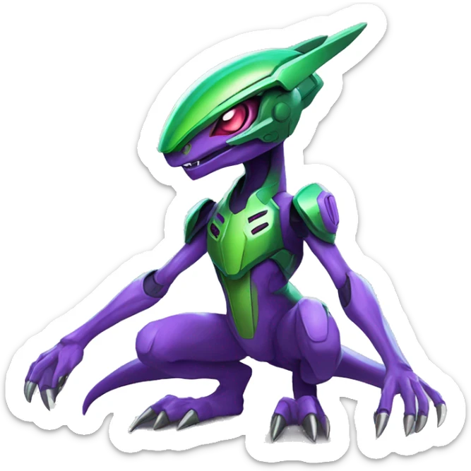 a purple-green Genesect-Raptor-Fakémon—hybrid with a futuristic visor-helmet full body sticker