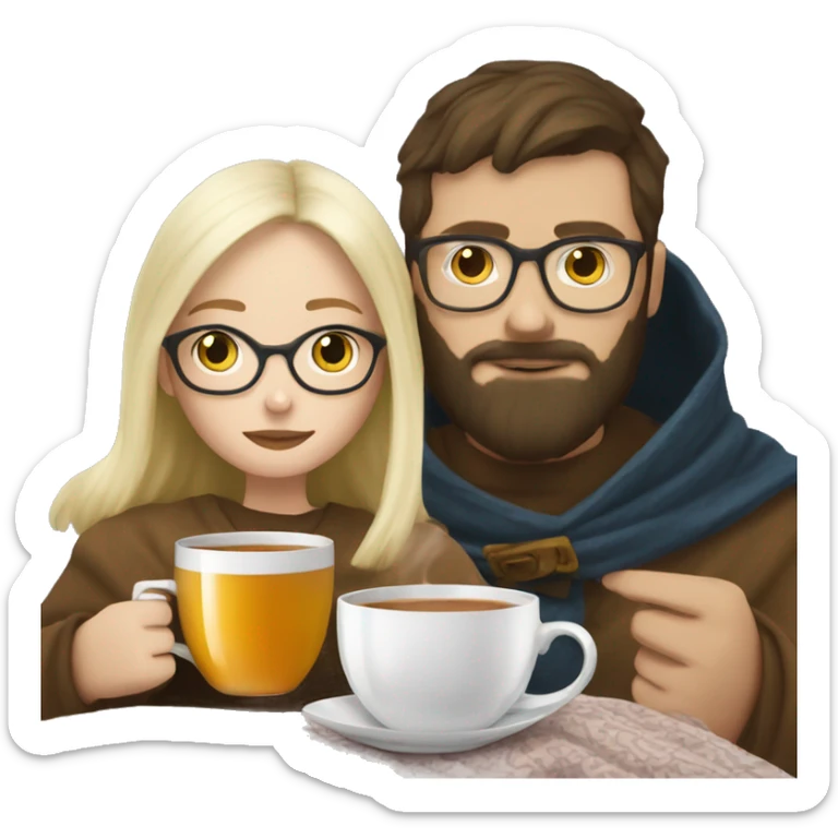 Pale blonde girl wearing glasses drinking tea under blanket with bearded brunette man sticker
