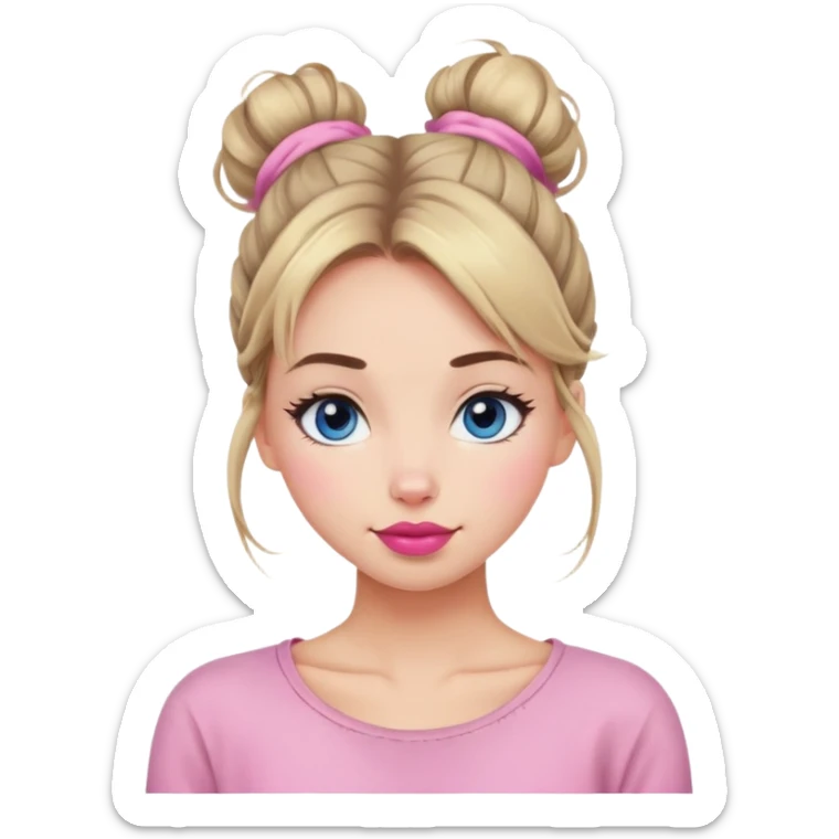 Woman cute, hair in messy bun, sky eyes, pink lips, slight smile sticker
