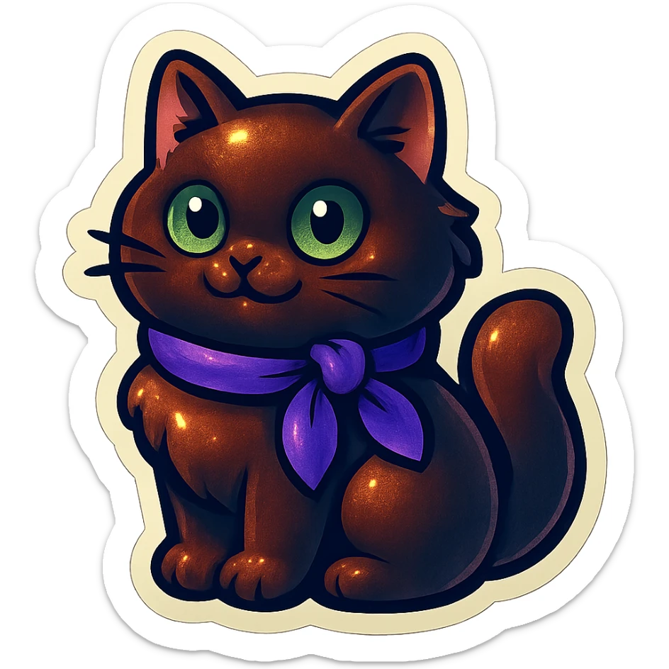 Fluffy meowing cute dark-brown cat with green eyes and a purple scarf  sticker