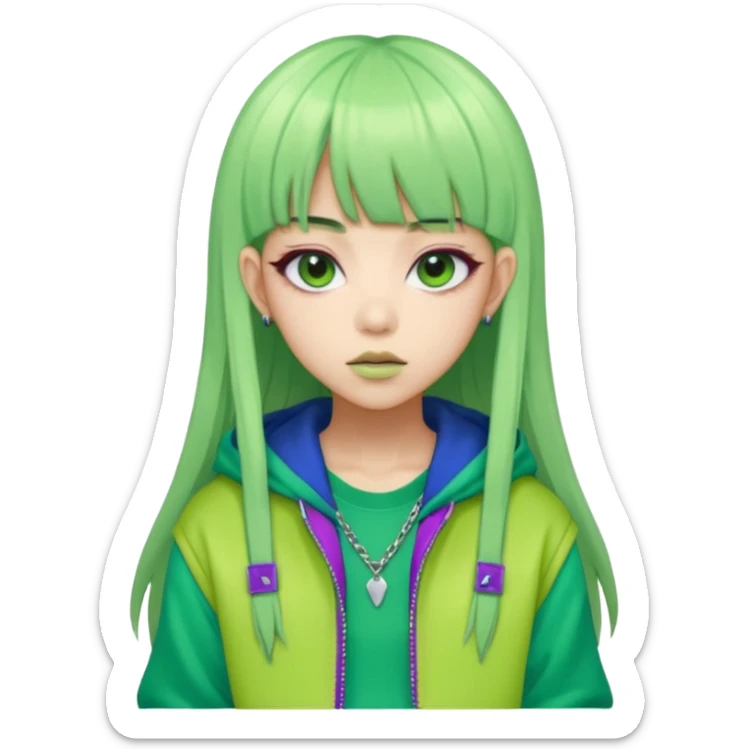  portrait-of-a-green-skin-alien-k-pop-idol,-wearing-a-stylish-streetwear-outfit-with-layered-colorful-clothing,-long-hair-with-bangs,-makeup,- sticker
