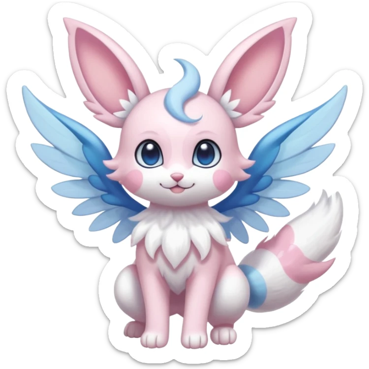 White pastel cute adorable kawaii divine winged angelic furry fairy-Fakémon-Minccino-Meowstic-Sylveon-hybrid-fusion (full body) sticker