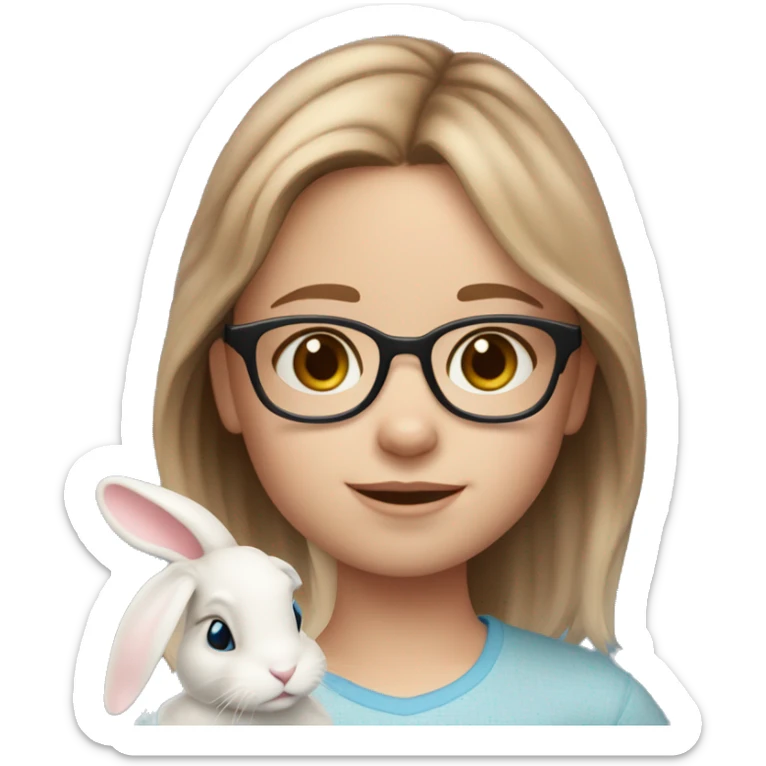 9 year old girl. Light brown medium length hair. Fair skin. Blue eyes. Glasses. Freckles on nose. Light pink lips. Holding white bunny sticker