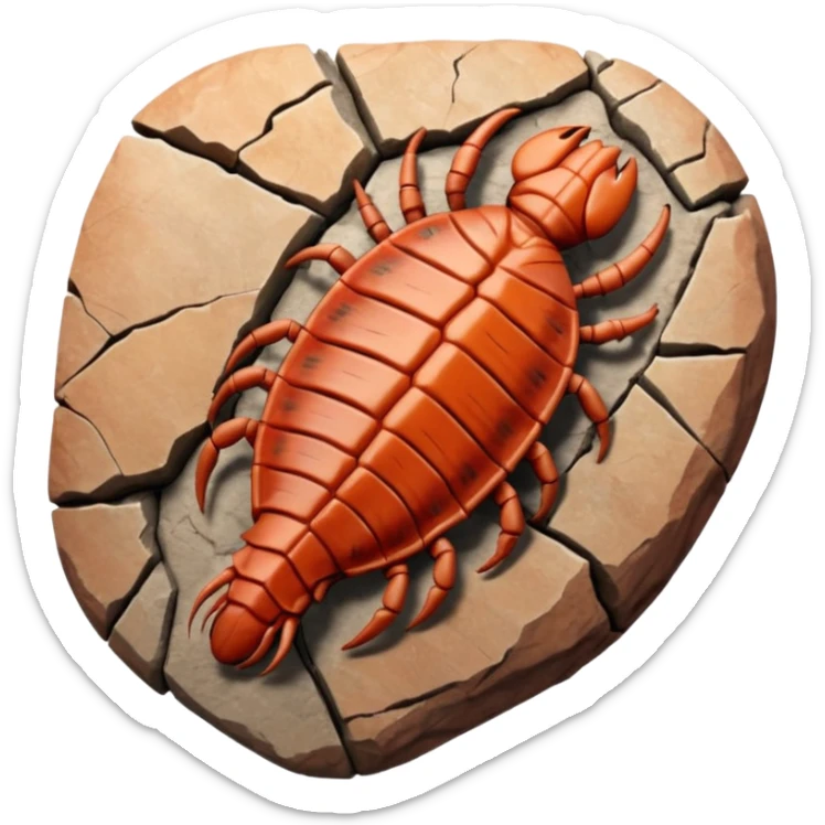 3D render of Trilobite, embedded in a chunk of rough sedimentary rock, cracked stone texture, ancient fossil aesthetic, fossilized in reddish sandstone rock, matte dry finish, Apple emoji style, isolated on white background --v 6.0 sticker