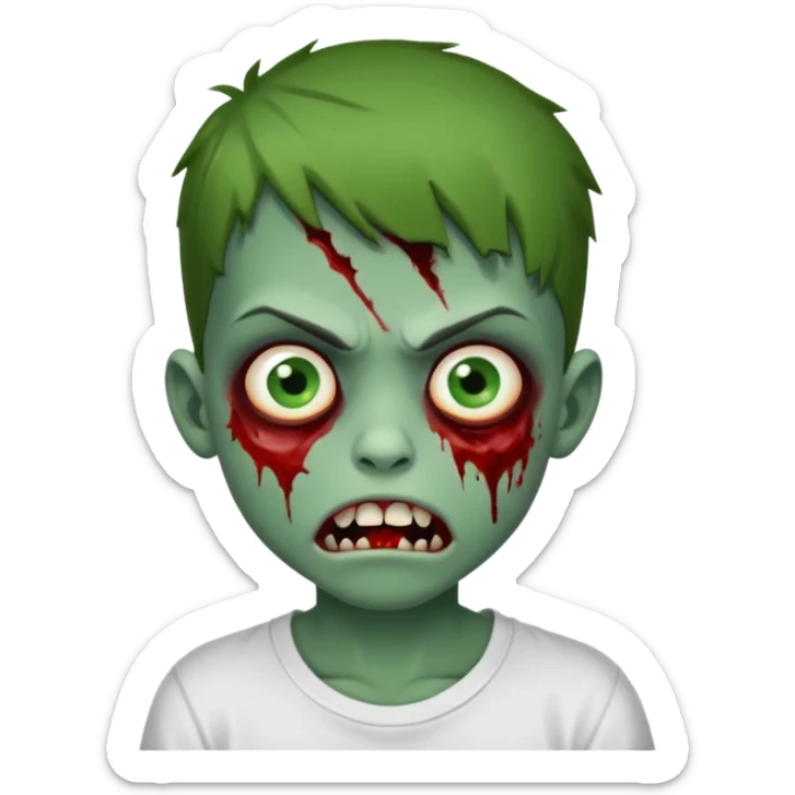 Faça um menino zumbi com a boca meio torta com machucado fo lado da boca camisa branca sticker