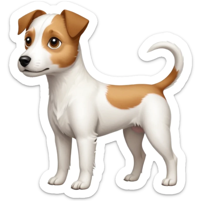a full body slightly chubby white parson russell terrier looking dog the size of a kelpie with light brown long ears and a light brown patch on one eye and a large snout. the rest of the dog is completely white sticker