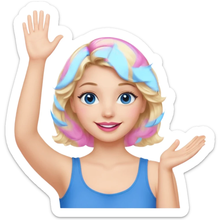 Girl Blonde short wavy hair,  blue eyes, cute blue top, long lashes, pink lips, smiling, one hand in the air sticker