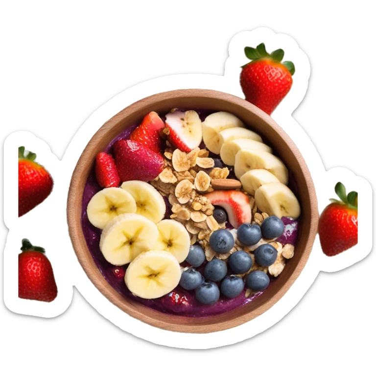 acai bowl in a wood bowl with bananas nutella strawberries granola honey and coconut flakes sticker
