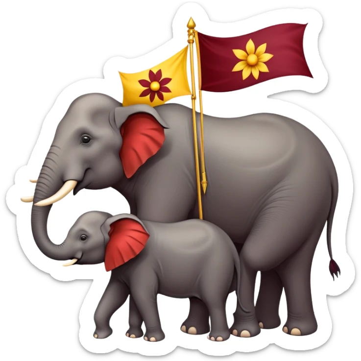 Design a political party flag featuring a horizontal tricolor of red, yellow, and maroon. At the center, place a stylized flower surrounded by 28 stars. Position two majestic elephants on either side of the flower, facing outward sticker