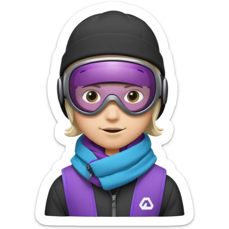 Pro Snowboarder with white and grey beanie, ONE pair of purple and blue frameless goggles on and a black jacket sticker
