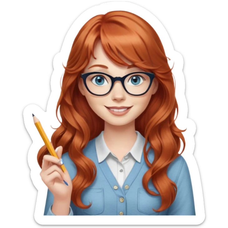 redheaded woman with very long wavy hair and bangs, blue eyes, clear cat-eye glasses, casual chic outfit, holding a pencil, smiling sticker
