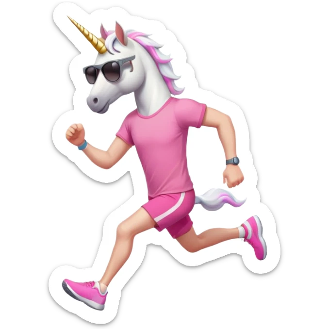 friendly anthropomorphised male white unicorn in grey shorts and pink t-shirt, wearing dark sunglasses, jogging upright in a standard pose sticker