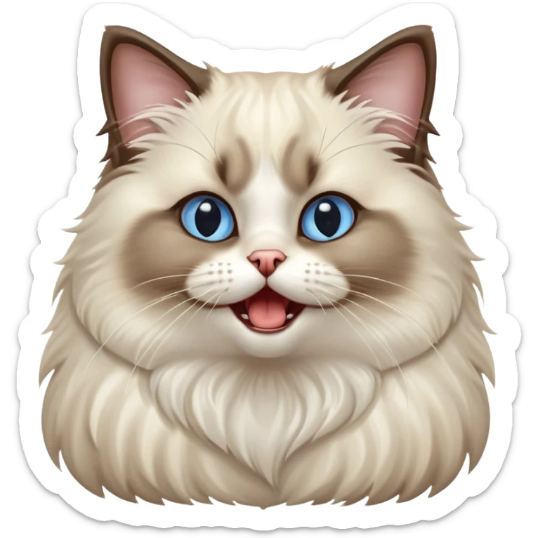 Cinematic-Adorable-Seal-Ragdoll-Cat-Portrait-Emoji – Big-eyed, fluffy Ragdoll cat with a playful head tilt and a cute yawn, soft brown-and-white fur with darker seal points on the ears and face, simplified yet irresistibly cute features, sparkling blue eyes full of mischief, highly detailed with a gentle glow. sticker