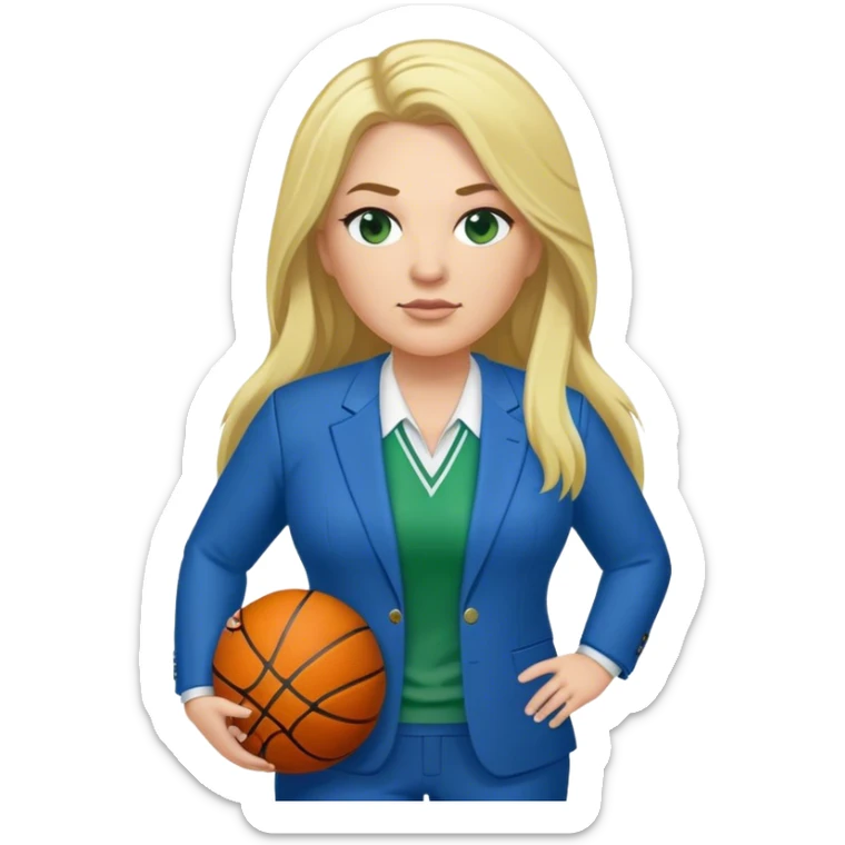 Full Body white plus size female basketball head coach with long blonde hair in a blue and green suit sticker