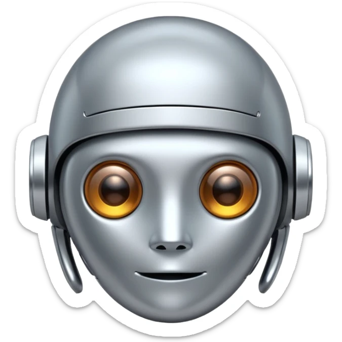 A cute futuristic robot emoji made of silver chrome, rounded friendly body, minimal facial features, glossy metallic surface, soft reflections, iOS emoji style, centered, clean white background sticker