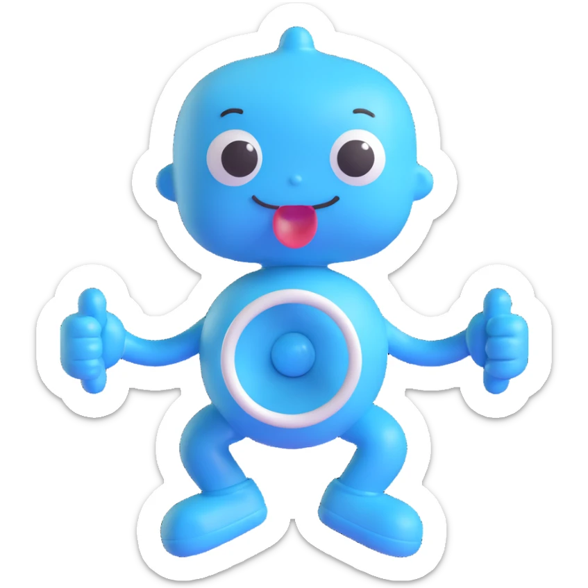3D cartoon pacifier character with arms and legs, baby blue and pink colors, mischievous expression sticker