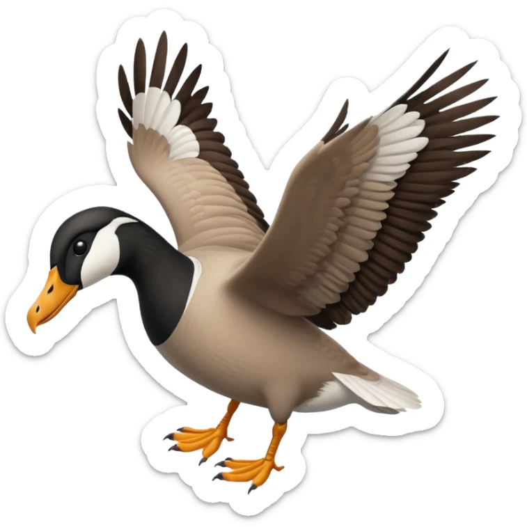 wild goose in flight, with black neck, black feet, brown wings, black-and-white head, white belly sticker