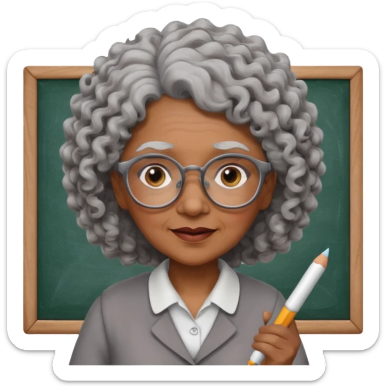 old woman teacher, brown skin, curly grey hai, wearing glasses, hold chalk on hand sticker