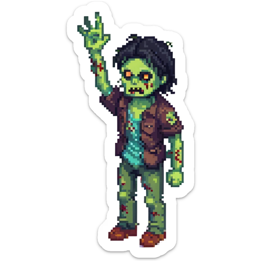 isometric zombie with one arm raised in the air and messy black hair sticker