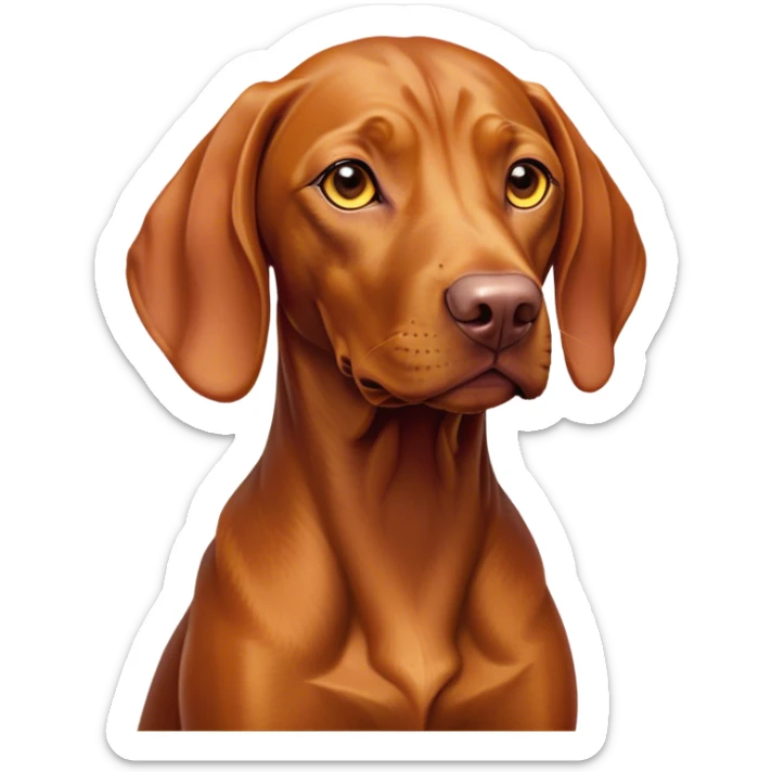 Cinematic Noble Vizsla Portrait Emoji, Poised and regal, with a sleek, athletic build and a short, smooth Fur of rust and gold, deep-set soulful amber eyes, Simplified yet sharp and sophisticated features, highly detailed, glowing with a soft, dignified glow, high shine, intelligent and agile, stylized with an air of determination, focused and attentive, soft glowing outline, capturing the essence of a watchful and confident companion, so majestic it feels as though it could sprint out of the screen with effortless authority! sticker