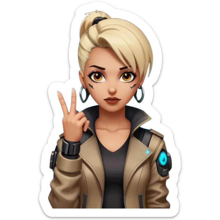 Woman with her tongue out in cyberpunk clothing and giving the middle finger. Looking naughty. sticker