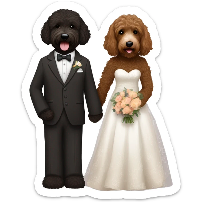 Black and brown bernadoodle in wedding dress and dark brown Australian labradoodle in suit sticker