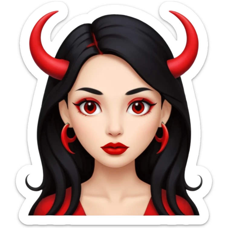 A girl's face with cheekbones, skin red, long black hair, small red horns, big lips sticker