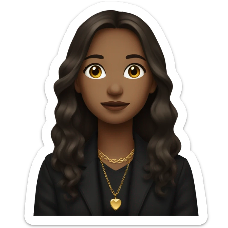 Brown long hair and gold eyes girl in black sweater and black coat, wearing gold earring and gold necklace  sticker