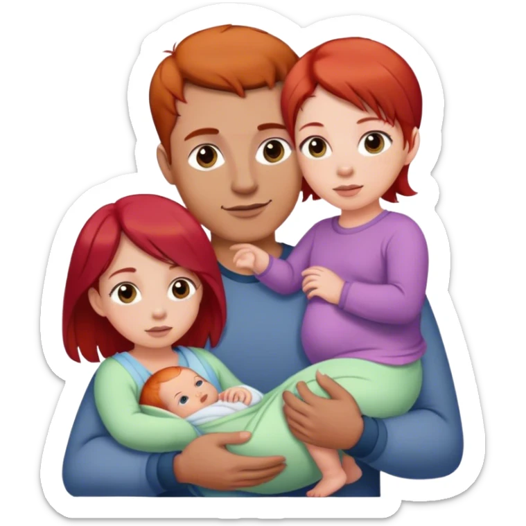 Mom with red hair holding 6 month old daughter with light brown hair and dad standing next to them with dark brown hair and sticker