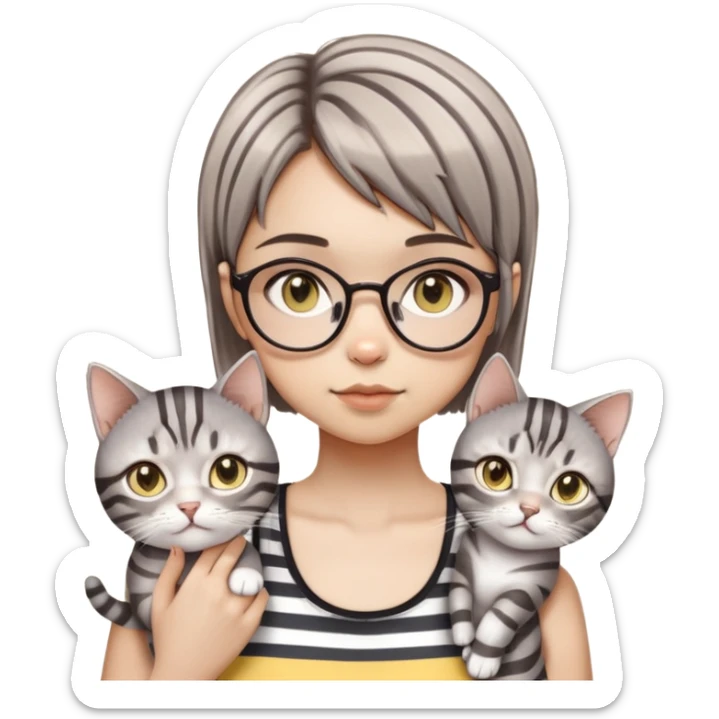 a girl with round glasses holding two gray striped cats. The girl has a short brown bob haircut and is wearing a dark tank top. The cats are silver tabby with bright yellow eyes. The overall style is cute and soft, resembling digital art or anime-style character design. The illustration depicts the close relationship between a person and their pet, with the girl gently cradling her cat.​​​​​​​​​​​​​​​​ sticker