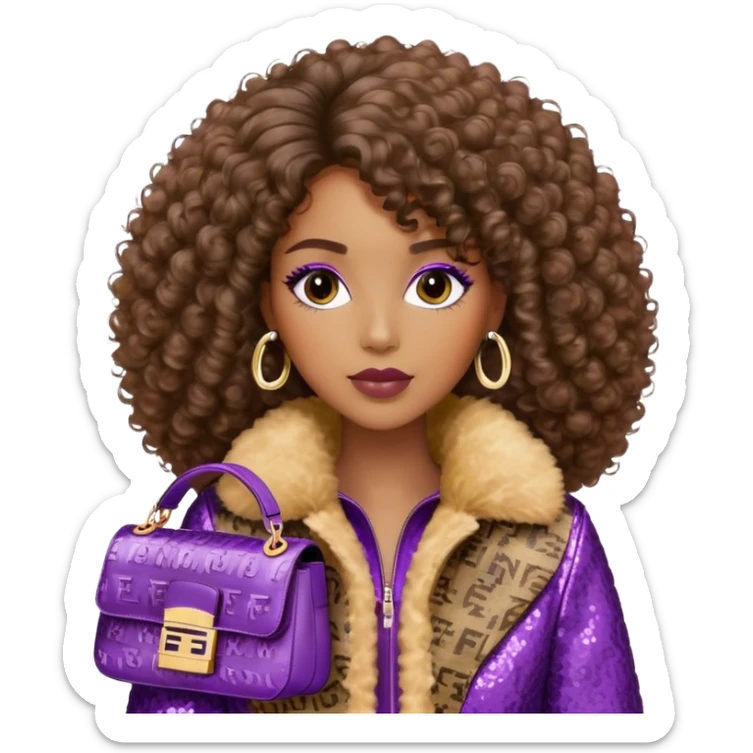 Beautiful black woman with curly hair. She is wearing a brown monogram Fendi jacket with a fur trim. She is carrying a Fendi Baguette
Purple sequined bag. I want the image close up. The jacket is not purple.  sticker