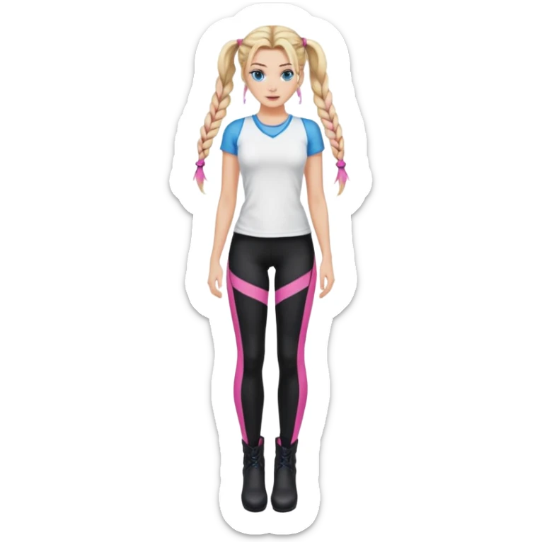 Beauty with blonde balayage and pink highlights long hair half braids with blue eyes wear White sexy top and black Leggins and Boots with heels sticker