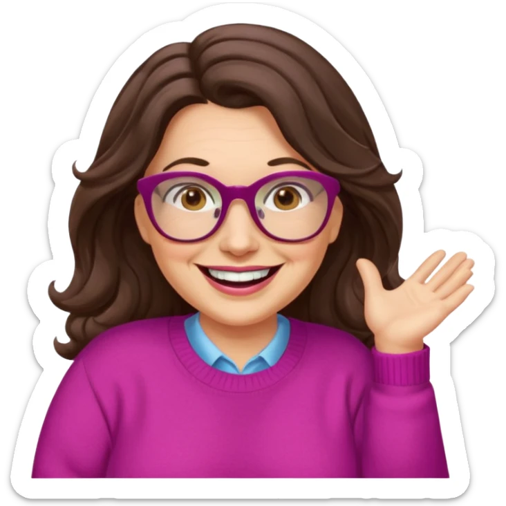 50 yr Caucasian woman, long dark brown hair parted on side, brown eyes, brown glasses, big smile, white teeth, fuscia sweater, chubby, wavy hair sticker