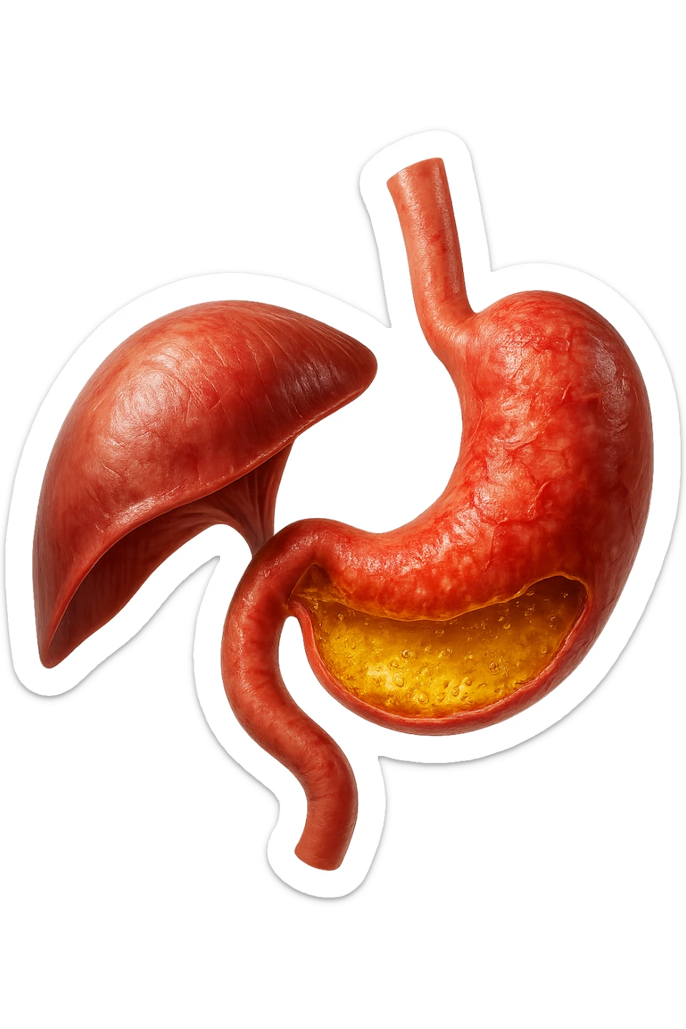 stomaco umano anatomico infiammato con acido giallo all'interno fluttua in aria insieme ad un diaframma umano, iperrealistico 4k, isolato su sfondo bianco sticker