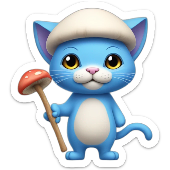  Cute Blue Cat NO ears wearing a mushroom cap carrying a stick in one arm standing on two legs no hair  sticker