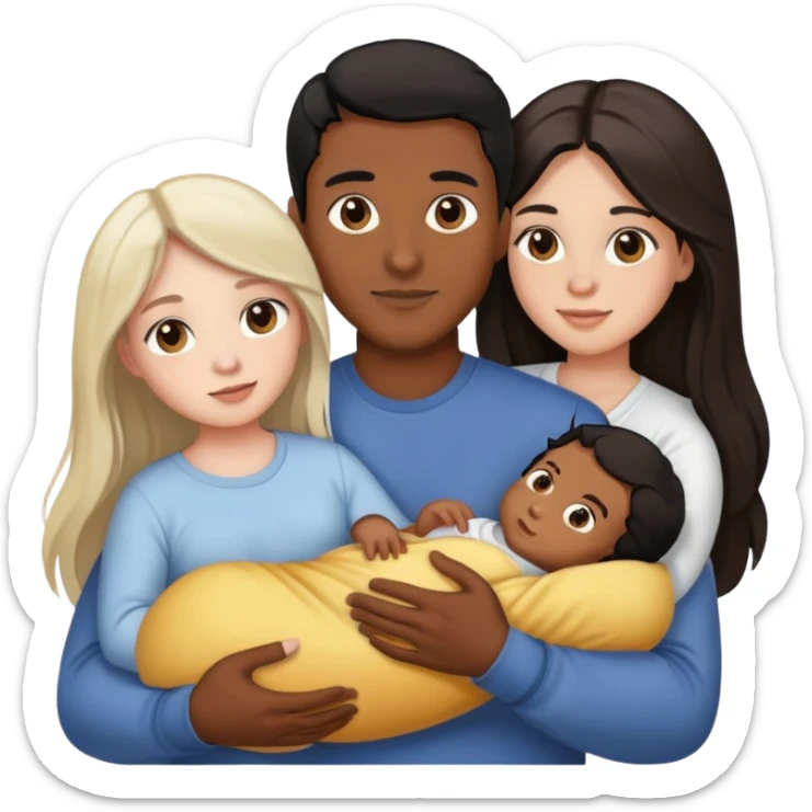 Couple male with brown skin black hair and brown eyes female with white skin light brown long hair and hazel eyes holding one baby sticker