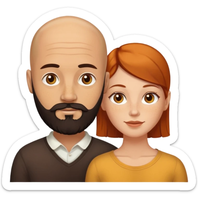 Couple. Bald man with dark brown-black beard. White woman with many small, faded freckles, white skin and she has auburn-yellow-brown-caramel, dark hair. She has light orange-brown eyes. The man have hazel eyes. Retro style. sticker