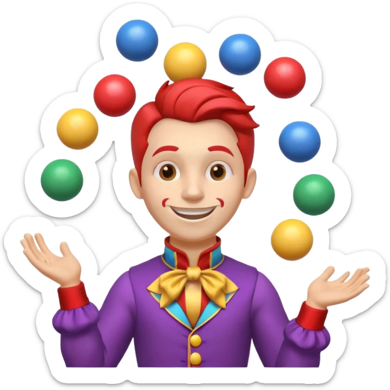 circus juggler portrait, head and shoulders only, colorful outfit collar, playful grin, juggling balls visible near shoulders, 3D cartoon, mobile game icon style, clean background, no text, no watermark
 sticker