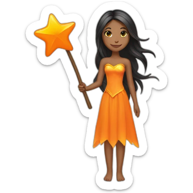 brown woman fairy holding a orange star wand long black straight hair full length sticker