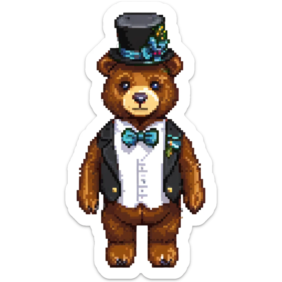 Freddy Fazbear from Five Nights at Freddy's, pixel art style, brown bear animatronic, black top hat, bow tie sticker