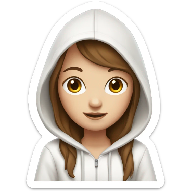 white girl with straight long brown hair and bangs, wearing a white hoodie, holding a laptop in her hands sticker