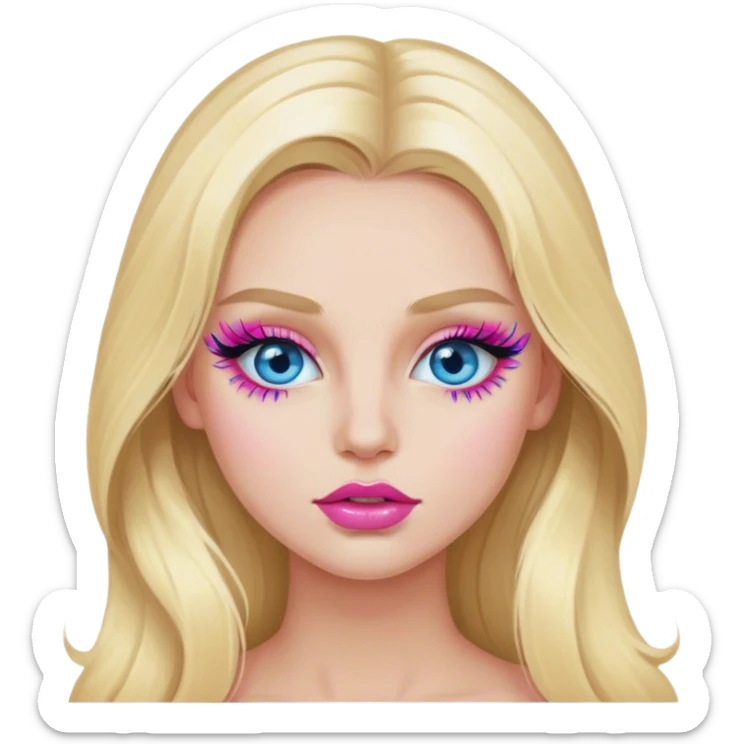 Cinematic realistic blonde with long hair, blue eyes and pink lips paints her eyelashes sticker