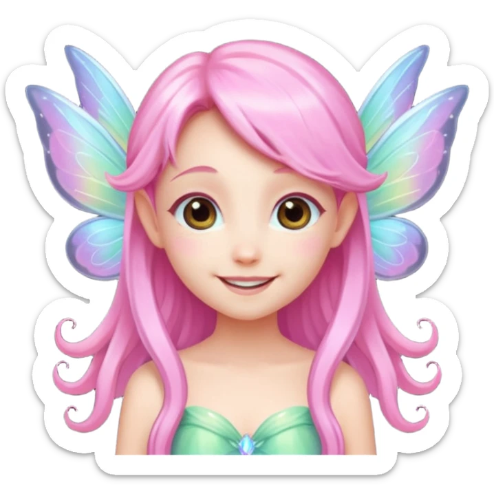 A tiny pastel fairy with pink long hair with glowing wings and a sweet smile  sticker