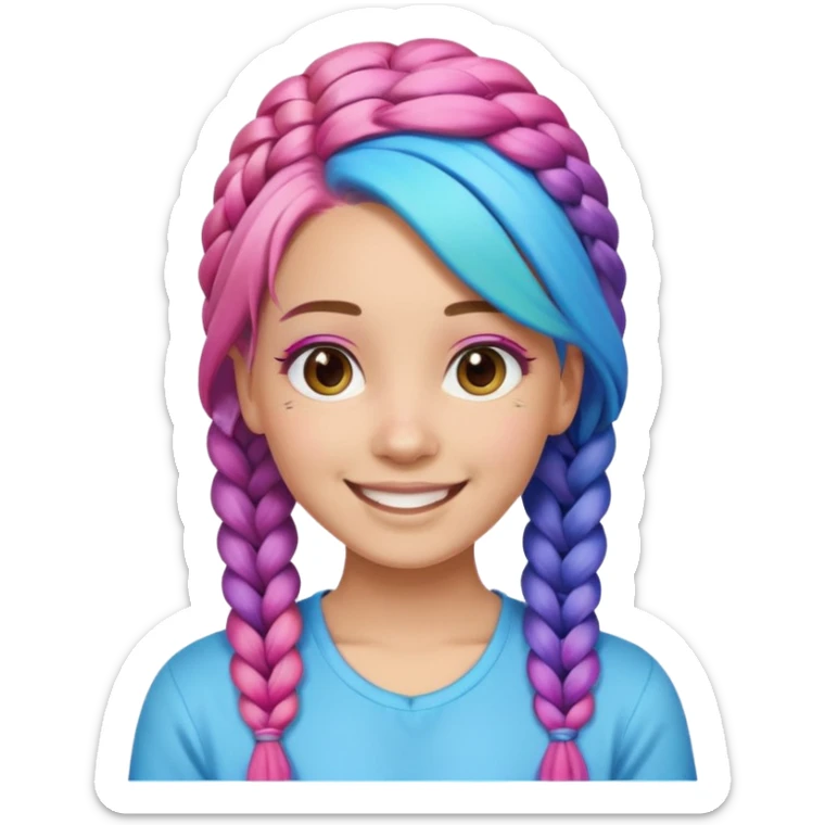Woman with braided rainbow hair, happy — long braids fading from pink to blue sticker