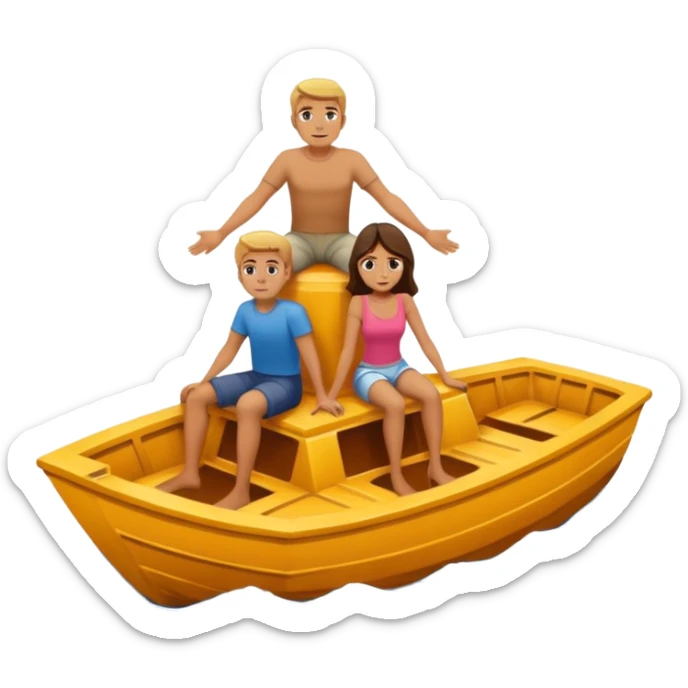a boat sinking, upside down, with 2 people sitting on top trying to stay afloat. sticker