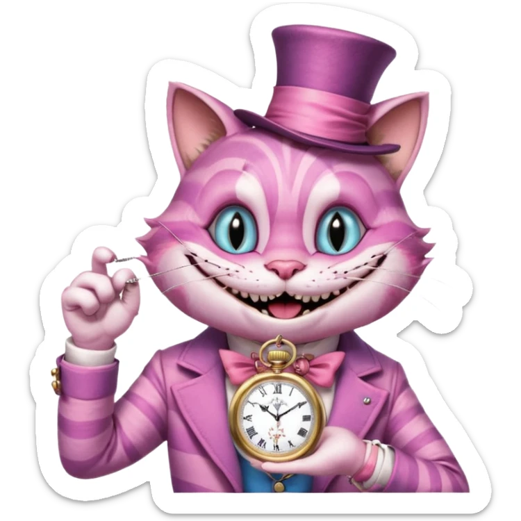 Cheesier cat from Alice in wonderland pointing at a pocket watch wearing a hat sticker