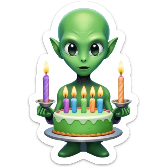 A detailed alien holding a colorful birthday cake with lit candles, standing inside a futuristic spaceship, cinematic lighting, ultra realistic textures, high resolution, dramatic shadows, sci-fi atmosphere
 sticker