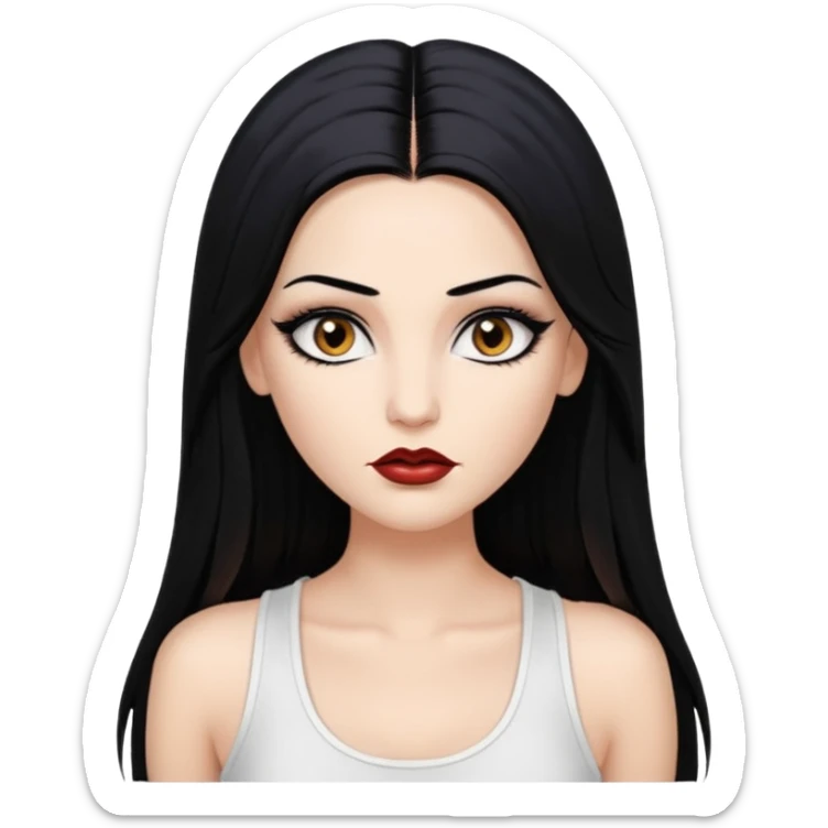 White woman with a white tank top long black hair glossy middle part straight long hair vamp look  brown eyes eyeliner winged with lashes top and bottom white border big lips black eyebrows sticker