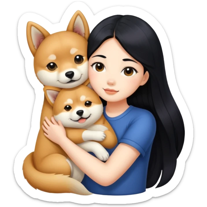 A beautiful girl with long black hair hugs a Shiba Lnu sticker