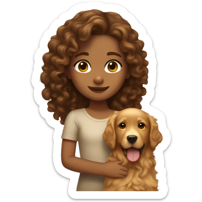 Tan skinned girl with  long brown curly hair with a golden retriever puppy sticker